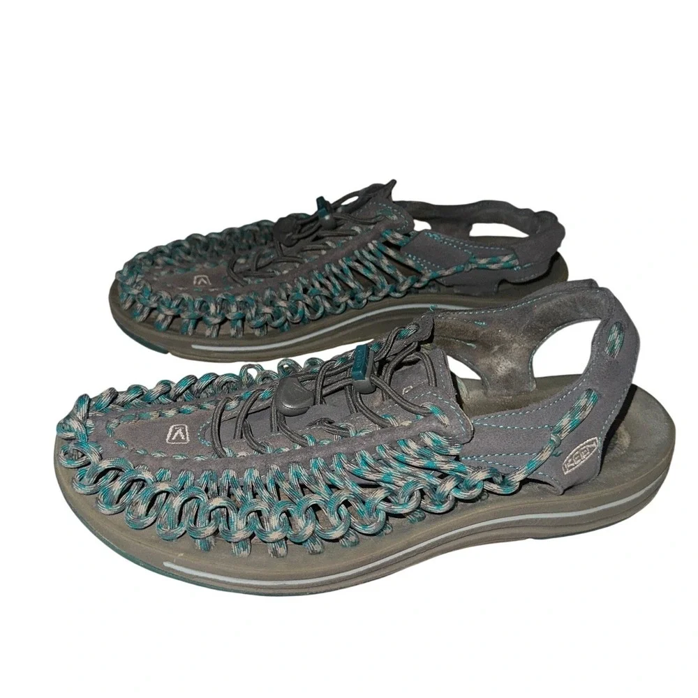 KEEN Uneek Women 8.5 Dark Grey Teal Braided Cord Sport Sandals 1014113